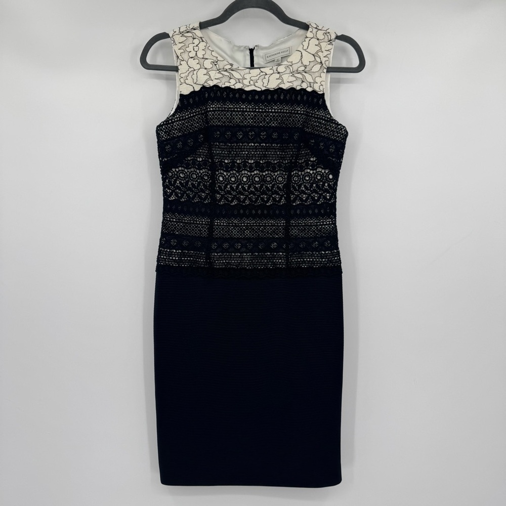 Katherine Kelly Black & Ivory Embroidered Lace Sleeveless Sheath Dress Size 2 - Picture 2 of 9